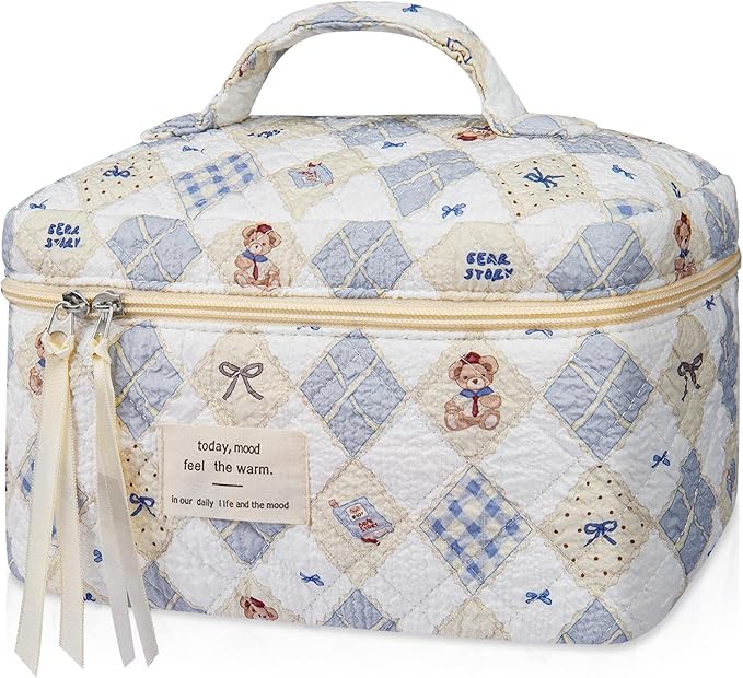 Large Makeup Bag, Cute Cosmetic Bag for Women Girls, Floral Coquette Aesthetic Toiletry Bag, Travel Make Up Organizer Bag (Check Bear)