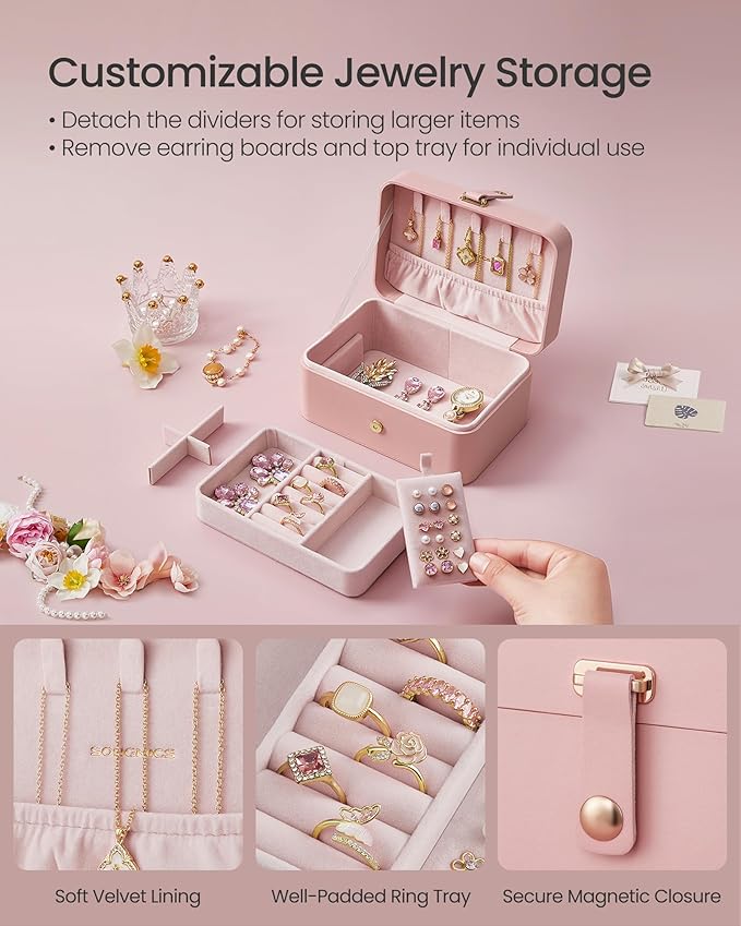 SONGMICS Jewelry Organizer Box, Travel Jewelry Case, 2-Layer Travel Case for Earrings, Necklaces, Bracelets - Portable Jewelry Storage with Large Capacity, Gift Idea, Jelly Pink UJBC166R01