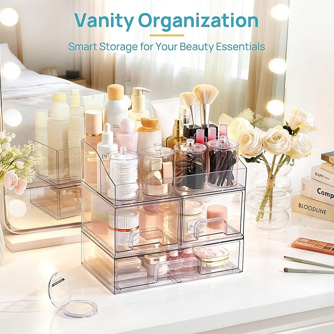 Vtopmart 8 PCS Bathroom Countertop Organizer, 1 Divided Tray with 4 Qtip Holder Jars and 3 Drawers, Restroom Clear Organizers for Toothbrush, Cotton Pads, Vanity Accessories Storage Set