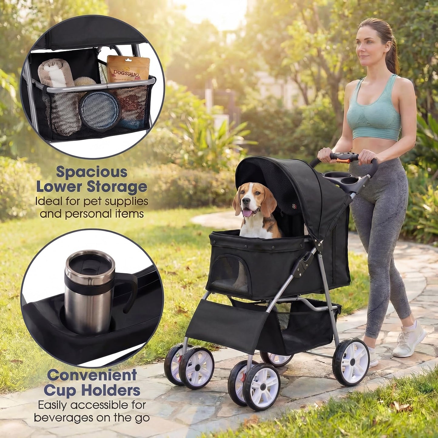 Giantex Foldable Pet Stroller for Small Dogs & Cats, Lightweight Dog Stroller with Lockable Wheels, One-Hand Quick Fold, Adjustable Canopy, Safety Leash & Storage Basket, Pet Travel Stroller, Black