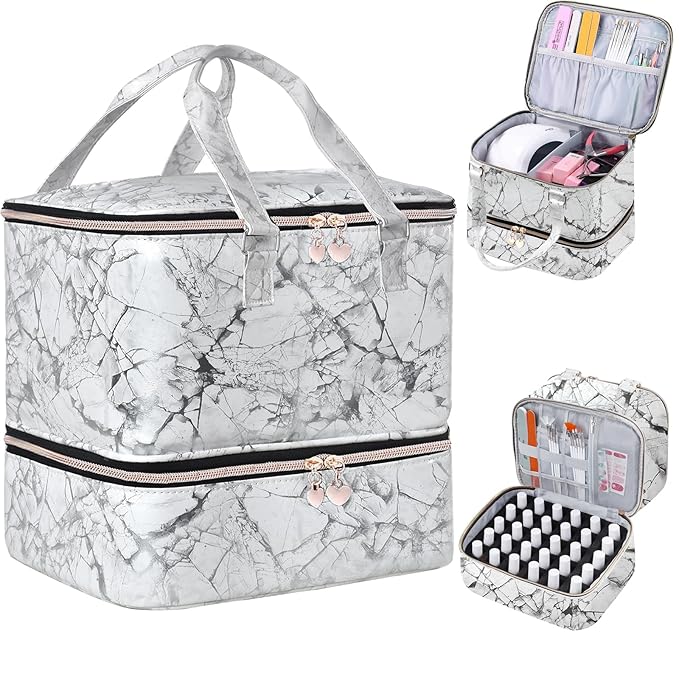 Nail Polish Organizer Case - Holds 30+ Bottles (15ml/0.5 fl.oz) and 1 Nail Lamp, Upgraded Double-layer Nail Polish Carrying Case Nail Polish Storage Bag with Handles (WHITE)