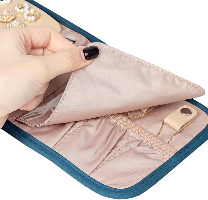 BELALIFE Travel Jewelry Case Organizer, Small Foldable Storage Roll for Earrings, Necklaces, Rings, Bracelets, Brooches, Lake-Blue