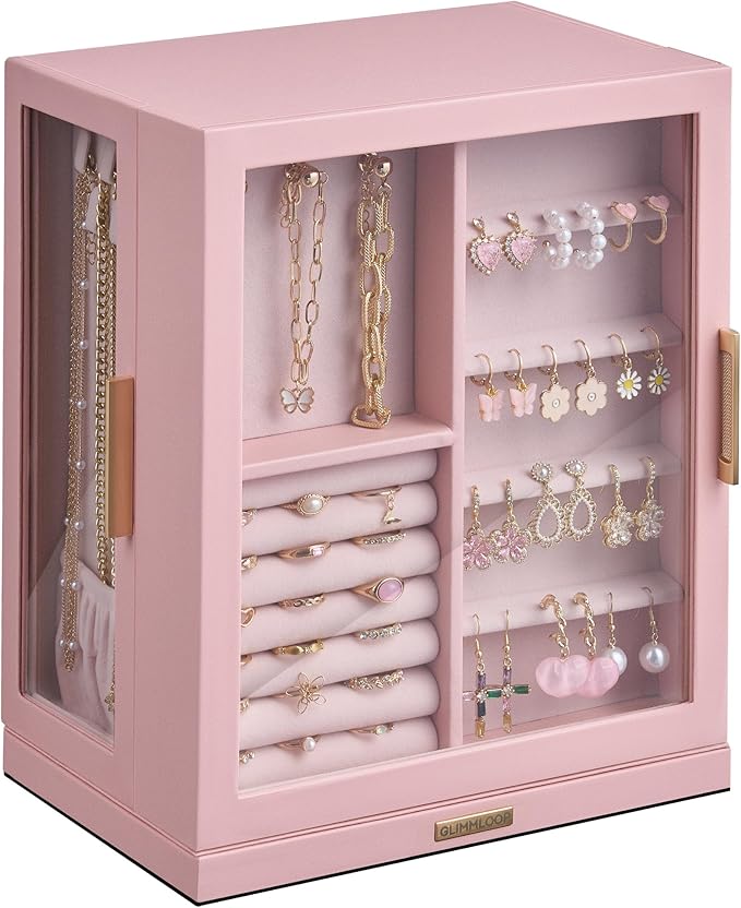 Glimmloop 360ÃÂ° Rotating Jewelry Box with 5 Drawers, Spacious Vertical Jewelry Organizer with Glass Window, Jewelry Storage Case, Dustproof & Moisture-resistant Design, Pink