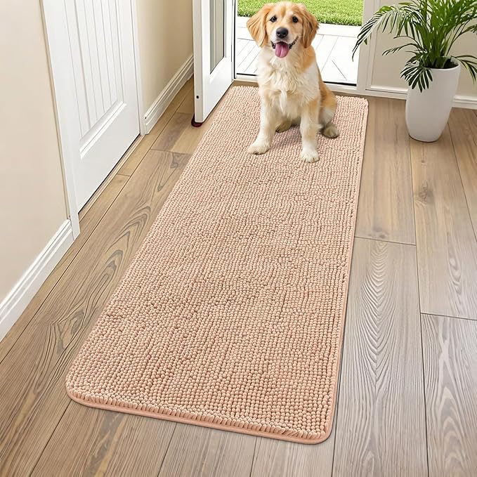 Smiry Dog Door Mat for Muddy Paws 59x24, Absorbs Moisture and Dirt Doormat, Non-Slip Washable Quick Dry Chenille Front Door Mat Indoor Entrance, Entryway Carpet for Inside Floor, Peach