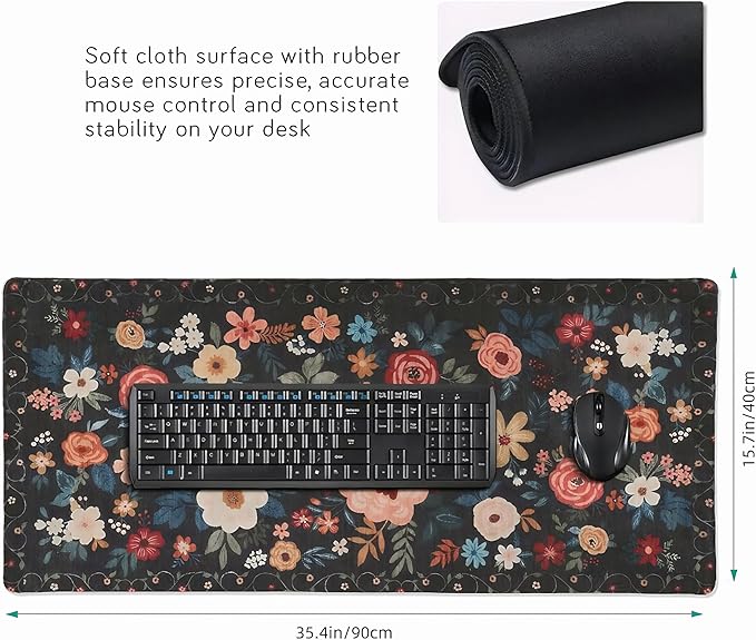 Floral XXL Large Mouse Pad with Stitched Edges, Anti-Slip Desk Mat for Keyboard and Mouse - Colorful Flower Pattern Office Decor, Home Computer Desk Pad Mat for Women, Ideal Desk Accessory