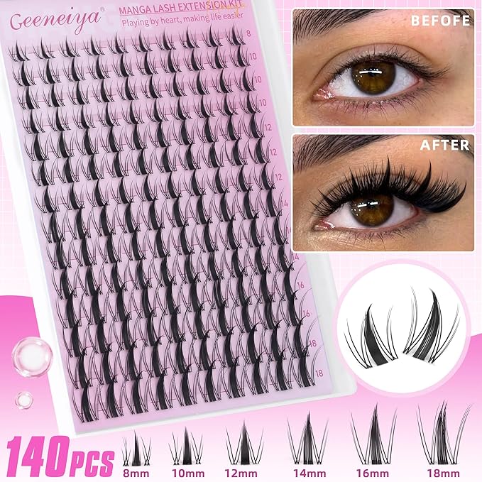 Geeneiya Manga Lashes Clusters Kit DIY Lash Extension, 8-18MM Invisible Lash Clusters, Soft Band Cluster Eyelash Extensions Kit with Waterproof Lash Bond and Seal, Lash Remover, Tweezers for Beginners
