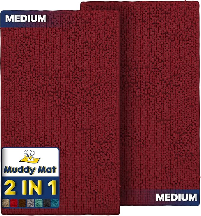 Muddy Mat® 2-Piece Red Medium 30"X19" AS-SEEN-ON-TV Highly Absorbent Microfiber Door Mat, Bath Mat and Pet Rug, Non Slip Thick Washable, Soft Chenille for Kitchen Bathroom Bedroom Indoor and Outdoor