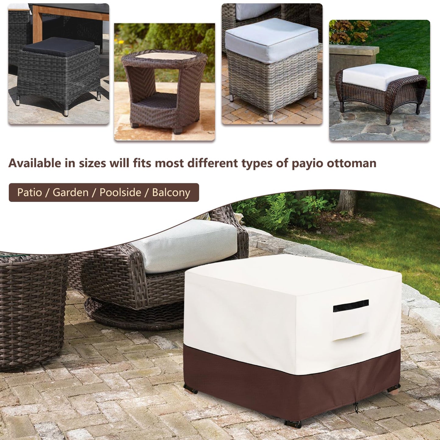 Aacabo Patio Ottoman Cover,25W x 25D x 18H inch,Waterproof Square Patio Small Side Table Cover,Suitable for 3-Piece Outdoor Wicker Patio Bistro Set Side Table(Beige)