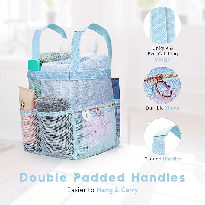 DV Lifestyle Mesh Shower Caddy Dorm, 7 Pockets & 1 with Zipper, Shower Tote with Padded Handles, Travel Portable, Shower Caddy College Room Essentials, Bathroom Shower Bag (Blue)