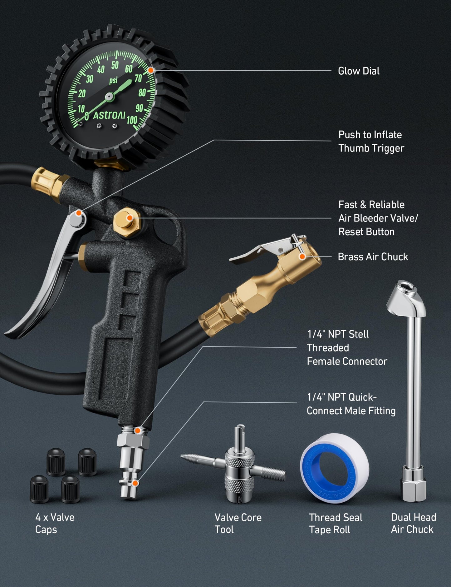 AstroAI Tire Pressure Gauge with Inflator, 100 PSI-ANSI B40.1 Accurate, Large 2.5" Easy Read Glow Dial, Heavy Duty Air Chuck and Compressor Accessories for Truck, with Case