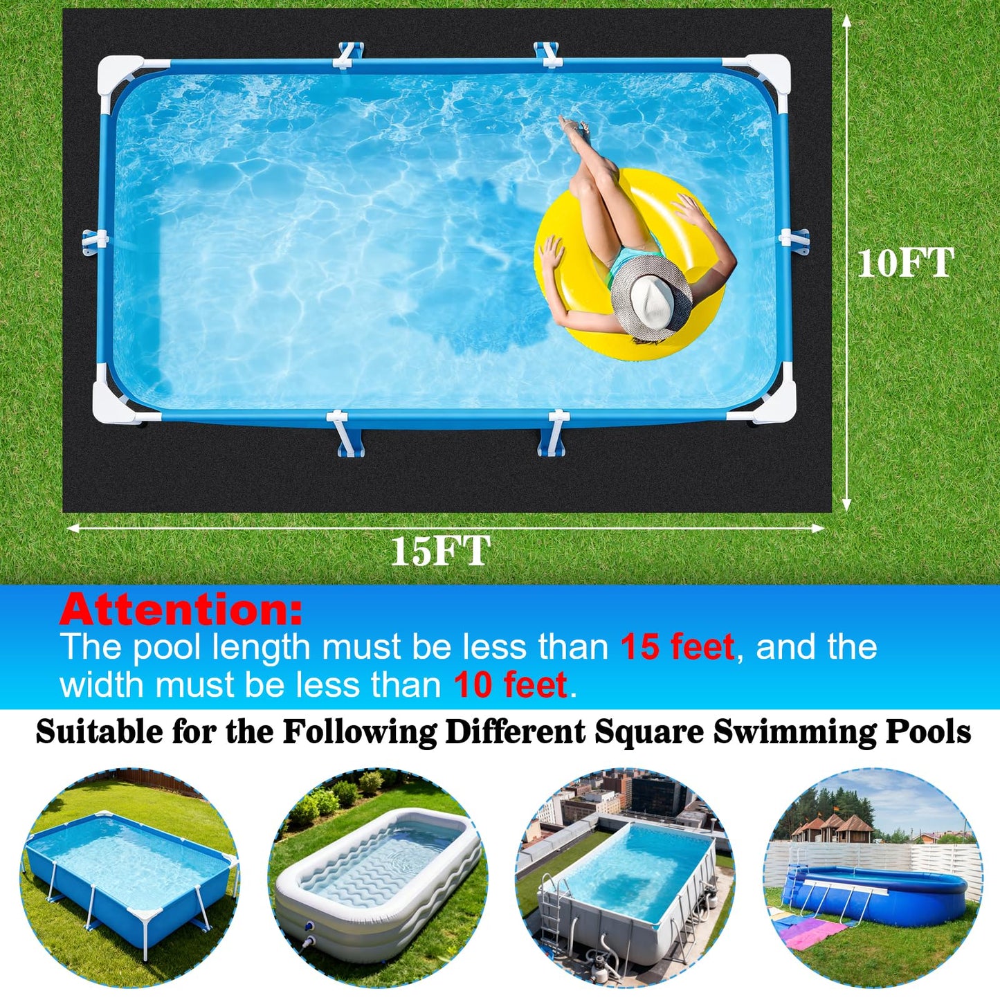 ComfyKit 15x10ft Rectangular Pool Liner Pad for Above Ground Swimming Pools,Thickened Under Pool Mat Padding,Pools Bottom Liner Protector to Prevent Punctures & Extend Liner Life