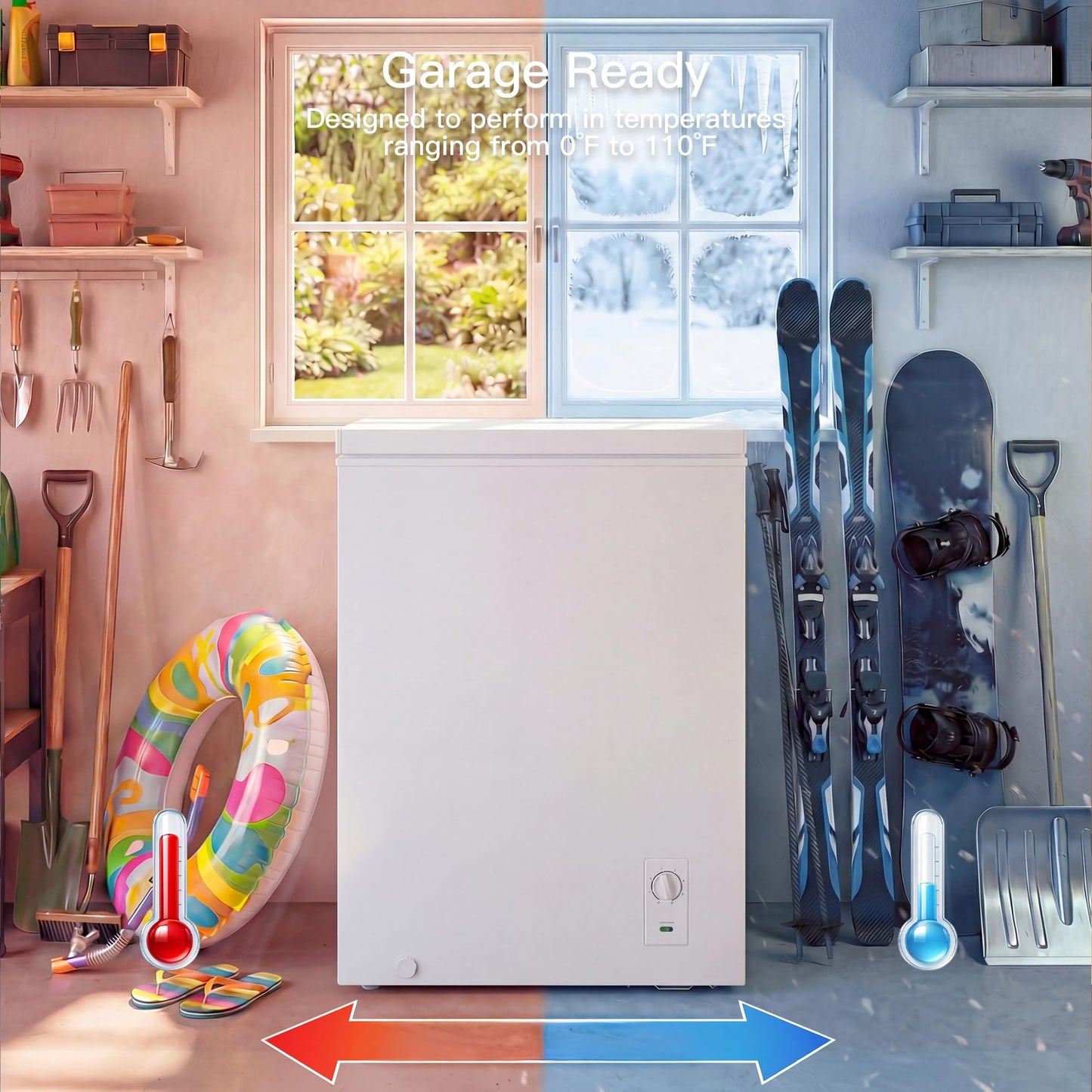 MEPTY 3.4 Cu.Ft Chest Freezer,Top Open Door Small Deep Freezer with 2 Removable Baskets,7 Adjustable Thermostat,Built-in LED Light,Quiet Energy Saving Freezers for Home,Kitchen,Garage Use