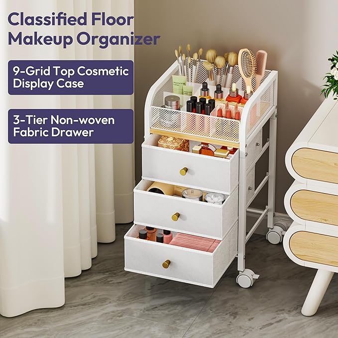 SWTYMIKI Rolling Makeup Organizer Cart - Under Desk Vanity Makeup Storage with 3 Non-woven Drawers, Nail Cart Organizer Cosmetic Display Cases Cabinet for Skin Care Perfume Nail Polish Brush Hair Tool