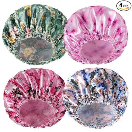 4 PCS Shower Caps for Women, 3D Printing Bath Caps, Double Layers Shower Cap Reusable Waterproof, Bathing Shower Caps, Environmental Protection Hair Bath Hat - Flower B