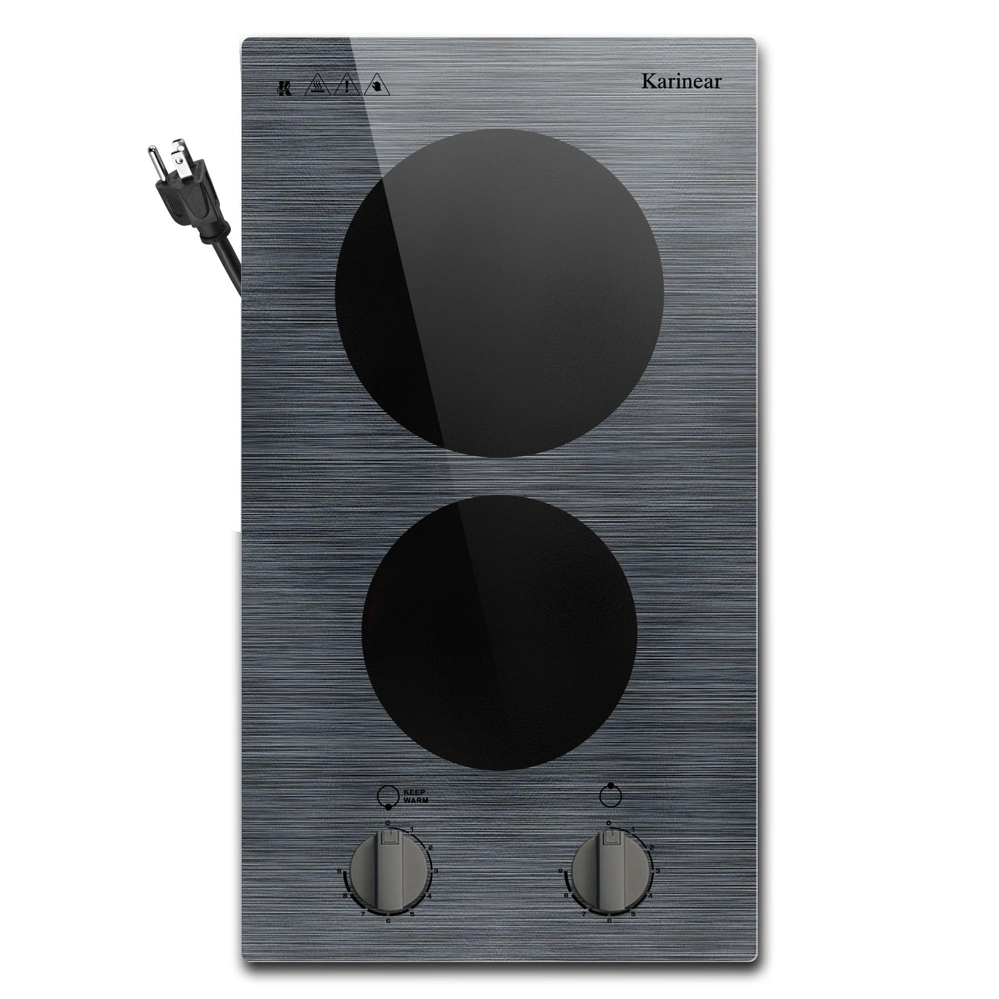 Karinear 2 Burners Electric Cooktop, 110v Electric Stove Top Knob Control, Built-in Countertop Ceramic Cooktop with Beautiful Woodgrain Pattern Glass Surface, 110v Outlet Plug