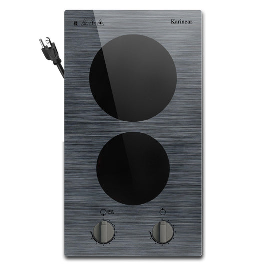Karinear 2 Burners Electric Cooktop, 110v Electric Stove Top Knob Control, Built-in Countertop Ceramic Cooktop with Beautiful Woodgrain Pattern Glass Surface, 110v Outlet Plug