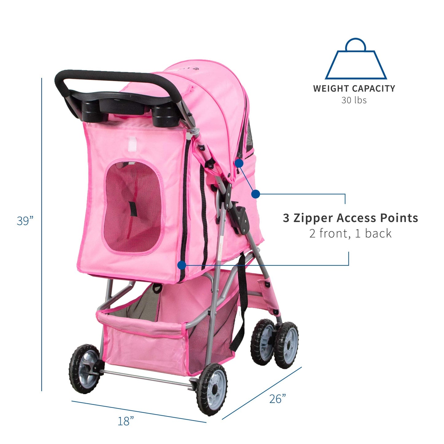 VIVO Pink 4 Wheel Pet Stroller for Cat, Dog and More, Foldable Carrier Strolling Cart, STROLR-V001N