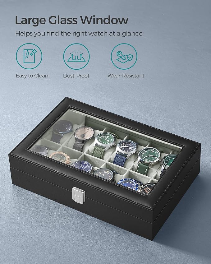 SONGMICS Watch Box, 12-Slot Watch Case Organizer with Large Glass Lid, Removable Pillows, Gift for Loved Ones, Black Synthetic Leather, Gray Lining UJWB12BK