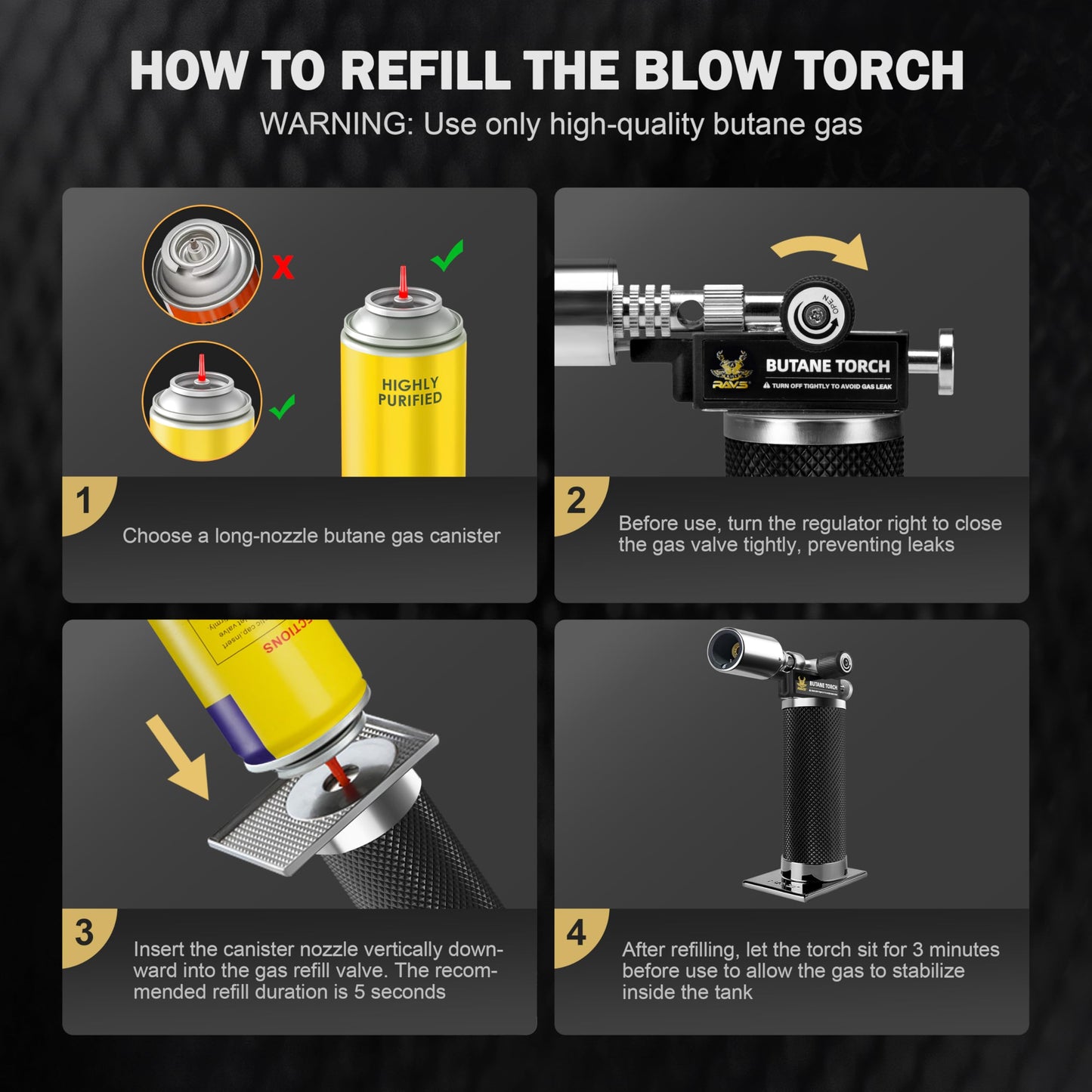 RAVS Butane Torch Lighter, Refillable Butane Kitchen Torch with Safety Lock and Adjustable Flame, Creme Brulee Torch for Baking, BBQ, Blow Torch for Cooking, Black, Butane Gas Not Included