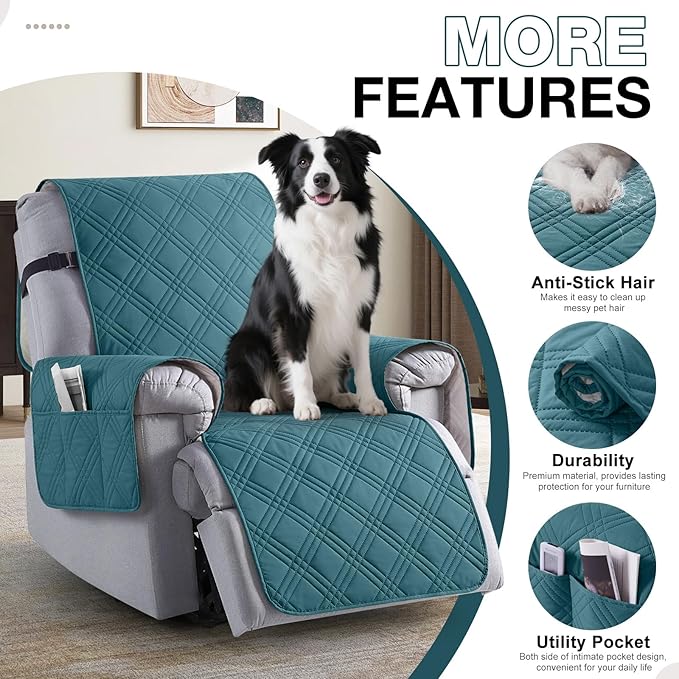 TAOCOCO 100% Waterproof Recliner Chair Covers, Non Slip Recliner Covers for Recliner Chair with Pocket, Washable Reclining Chair Cover Furniture Protector for Kids,Dogs(25'', Peacock Blue)