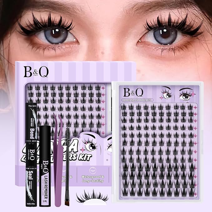 B&Q Manga Lash Clusters Kit Anime Lashes 10-18mm Mixed 120pcs Eyelash Extension Kit Thick Curly Manga Style Feature Spike Eyelash Clusters Perfect Choice for Beginners at Home(KIT-Anime 03)