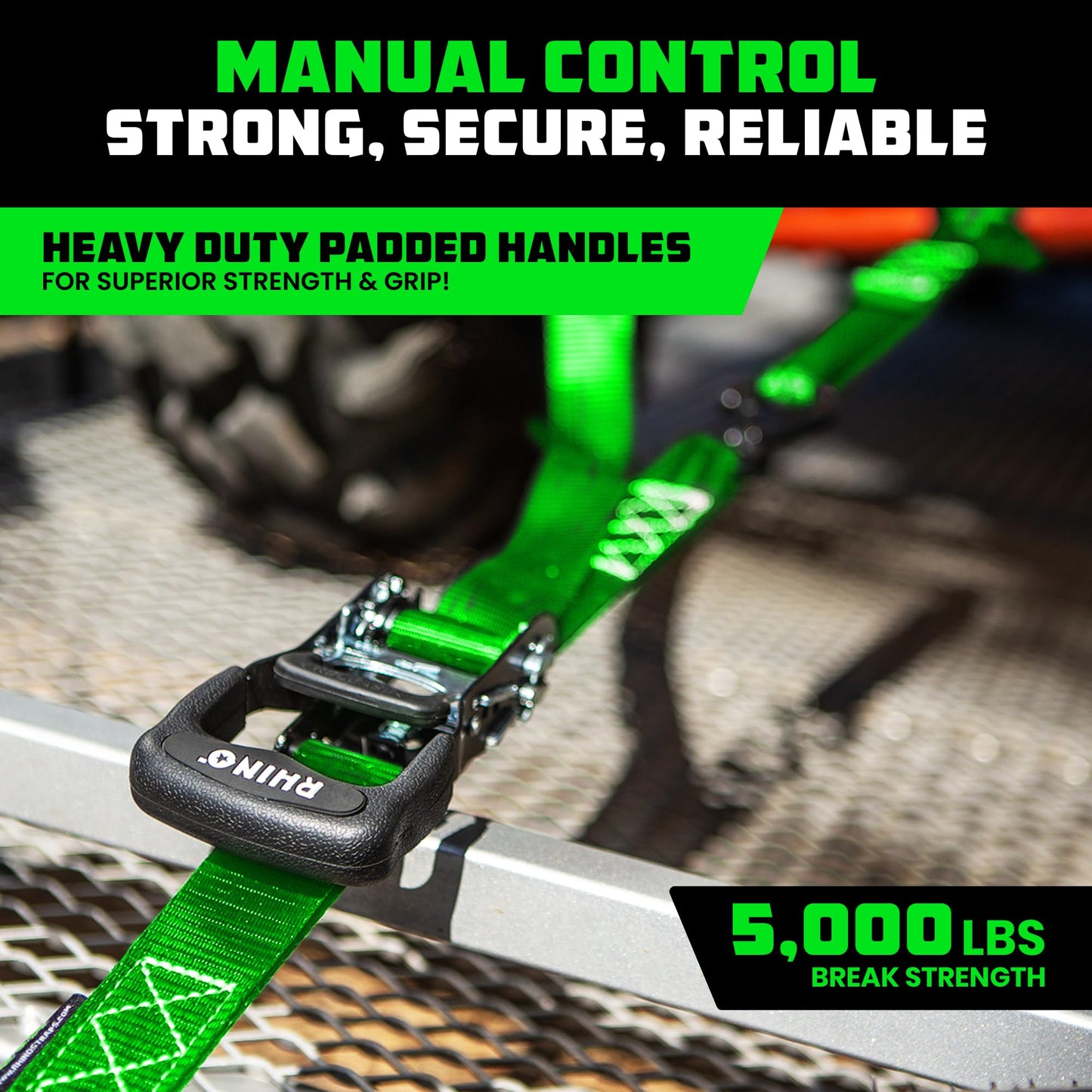 Rhino USA Ratchet Straps Heavy Duty Kit (4-Pack) - 1.6 Inch x 8 Feet Min Break Strength (5,000) - Ultimate Tie Down Straps with Safety S Hooks for Trucks, ATV, UTV, Motorcycle, Cargo & More - Green