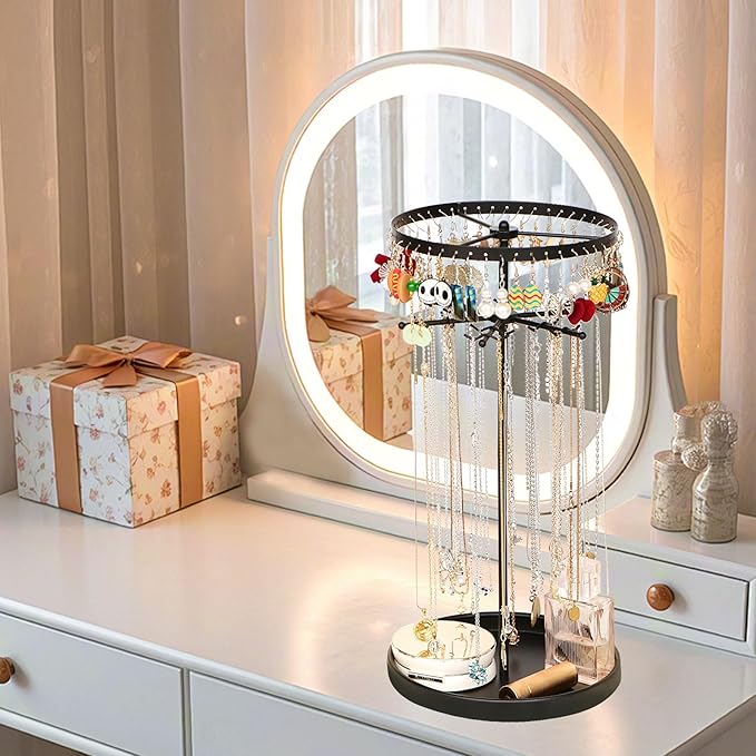 360 Rotating 2-Tier Jewelry Organizer Stand, Large Earring Holder Organizer with 48 Holes for Studs，24 Prongs for Necklaces, Wide Base for Bracelets, Watches, Lipstick, Jewelry Display Stand for Women