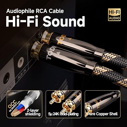 TODN HiFi RCA Cables Audiophile, Double Shielded RCA Cable Male to Male Stereo Audio Cable for Home Theater, Amps, Speakers, (6.5ft/2m, 1 Pair)