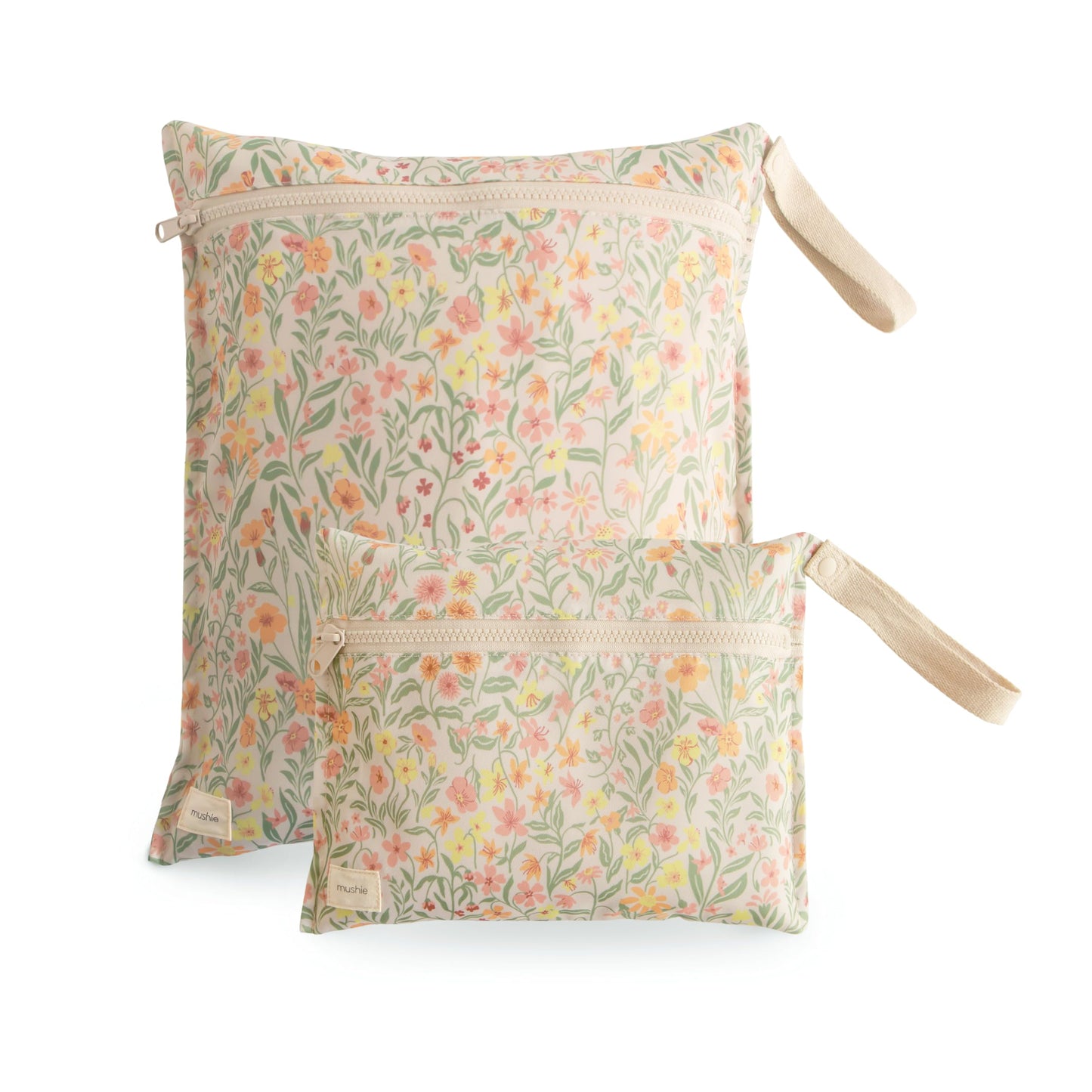 mushie Water Resistant Wet Bags | Large & Small Reusable Storage Bag for Baby Items and Travel | Zippered Pockets with Handle | Machine Washable, Set of 2 (Pastel Blooms)
