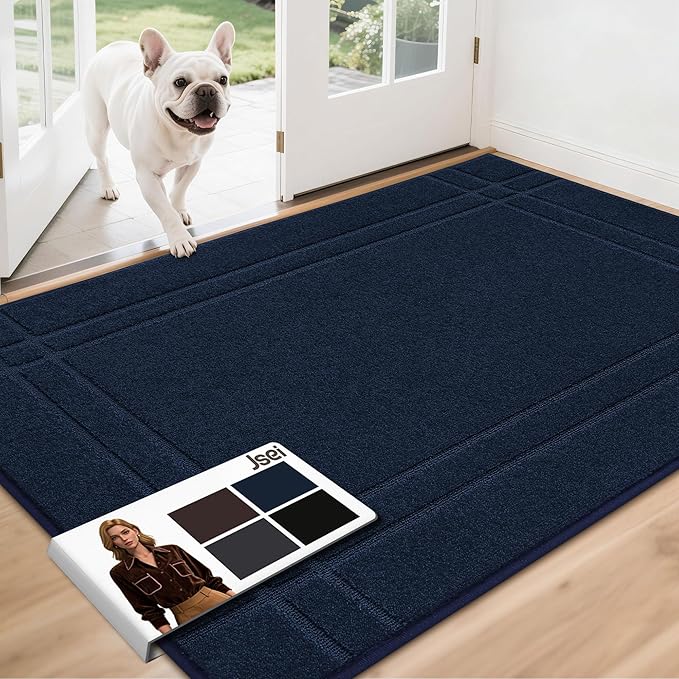 JSEI Entryway Rugs Doormat 36"x60", Non-Slip Dirt Trapper Door Mats Indoor, Washable Absorbent and Stain Resist Welcome Floor Mat for Front Door, Dog Door Mat, Dirty Wet Shoes & Paws, Navy Blue