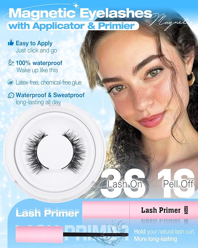 Lanflower Magnetic Eyelashes with Applicator Natural Look Magnetic Lashes with Lash Primer Wispy Magnetic Eyelashes Natural Look Reusable Cat Eye Lashes with Magnets No Need Glue