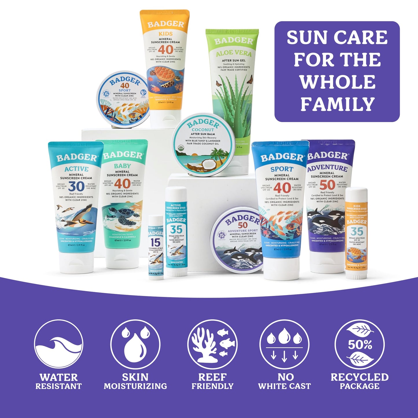 Badger Reef Safe Mineral Sunscreen, SPF 50, 98% Organic with Zinc Oxide, Non Toxic, Water Resistant, Unscented & Hypoallergenic, Broad - Spectrum, For Adventure & Sport, 2.9 fl oz
