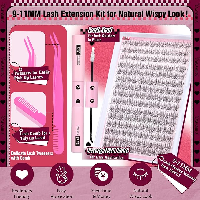Natural Lash Extension Kit Wispy Eyelash Clusters 9-11mm Lash Cluster Kit with Lash Bond and Seal and Lash Applicator 180pcs Cluster Eyelash Extensions Kit for Beginners DIY at Home by Yawamcia