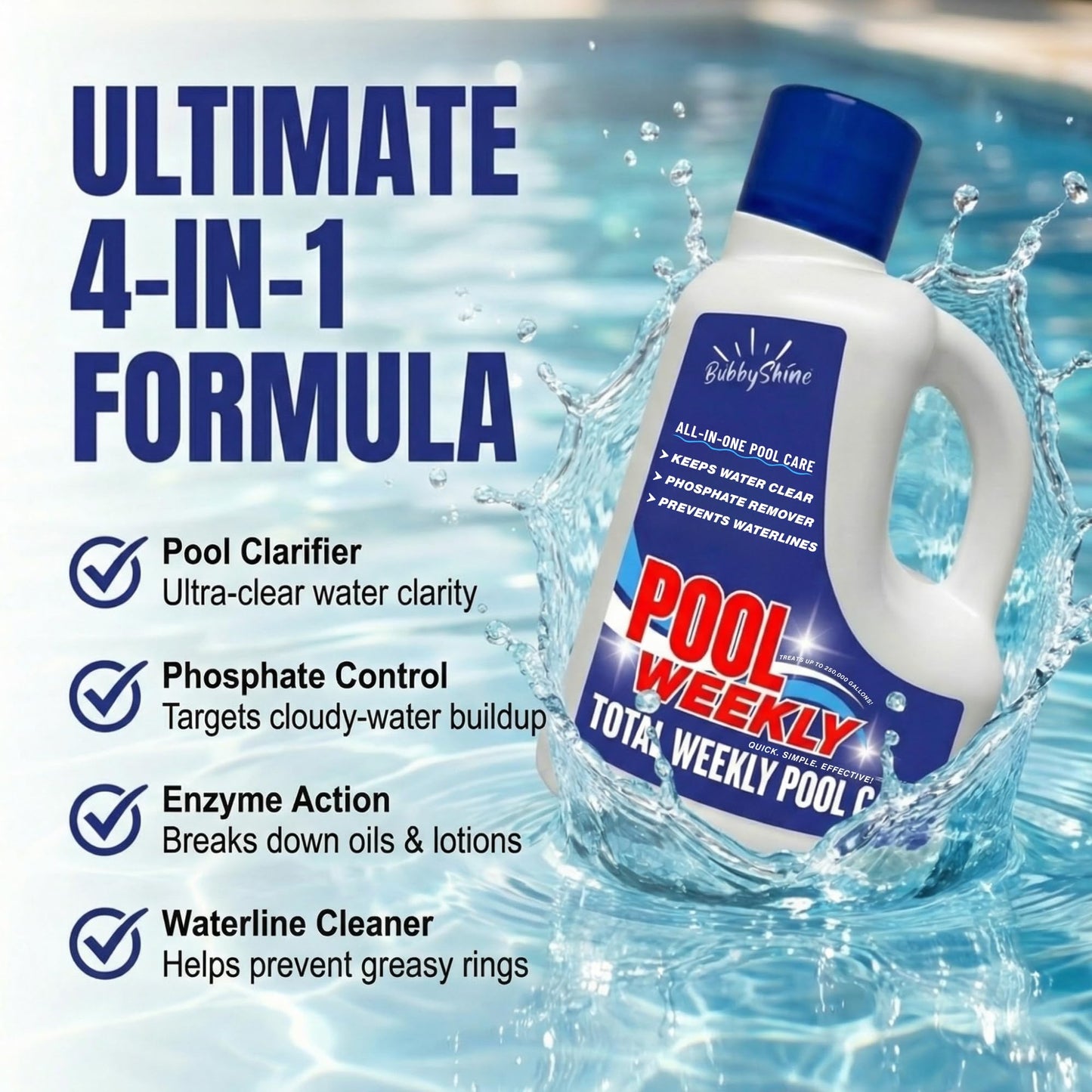 Weekly Pool Treatment, All in One Pool Treatment with Phosphate Remover, Pool Clarifier and Pool Waterline Cleaner, Saltwater Safe, 3 Liter 101.5 fl oz, BubbyShine