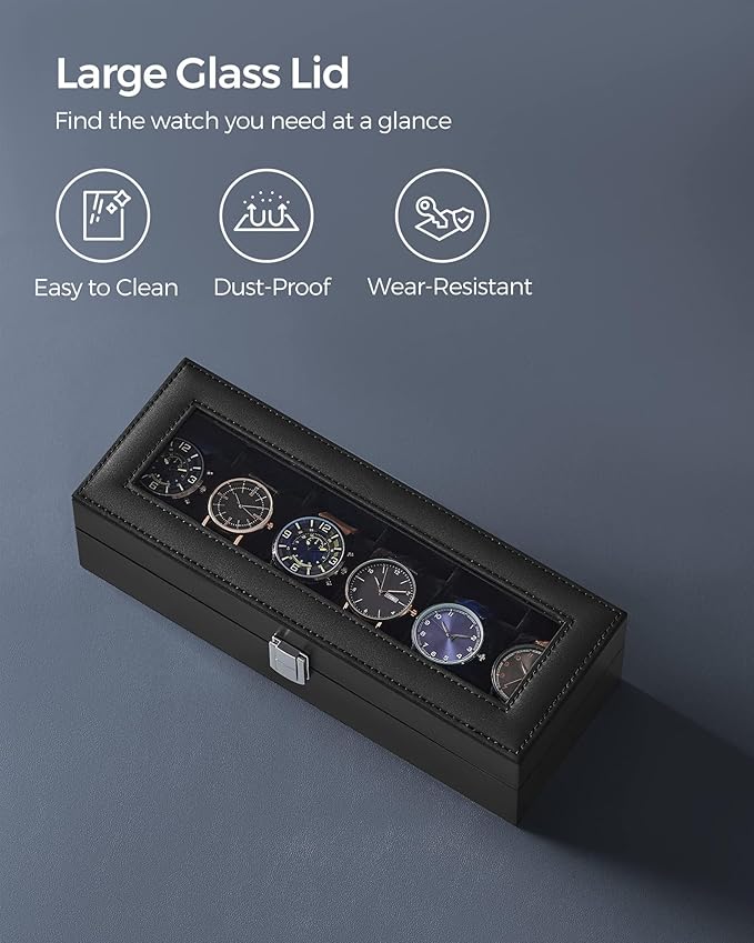 SONGMICS Watch Box, 6-Slot Watch Case Organizer with Large Glass Lid, Removable Pillows, Gift for Loved Ones, Black Synthetic Leather, Black Lining UJWB06B01