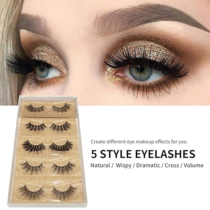 DYSILK Mink Lashes Natural Look - False Eyelashes 5 Pairs 6D Lashes 5 Styles Mixed Lash Pack - Wispy Lashes Fake Eyelashes Soft Reusable Cat Eye Lash | 15mm-18mm