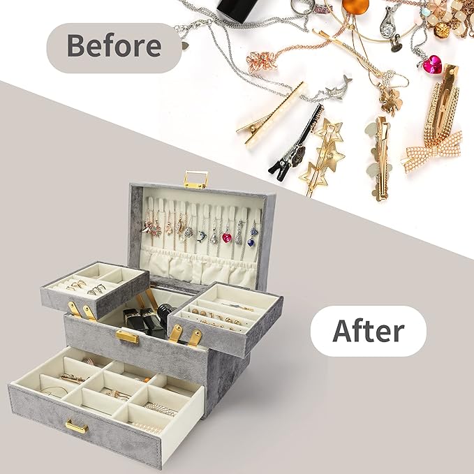 Dajasan Jewelry Organizer Box, Large Velvet Jewelry Boxes for Women Girls, Space-Saving 3 Layers Jewelry Storage Case with Drawer, Movable Metal Stand, Modern, Gift Idea (Grey)