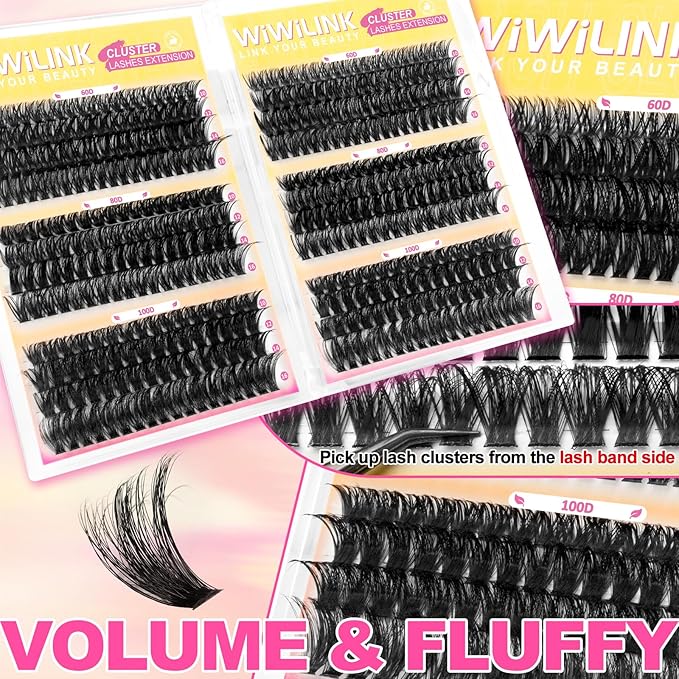 Fluffy Lash Clusters Kit 448Pcs, Wispy Volume (60D/80D/100D) D-Curl Cluster Eyelash Extensions 10-16mm + Bond & Seal Glue + Tweezers - Reusable 15+ Times, Natural to Dramatic Volume