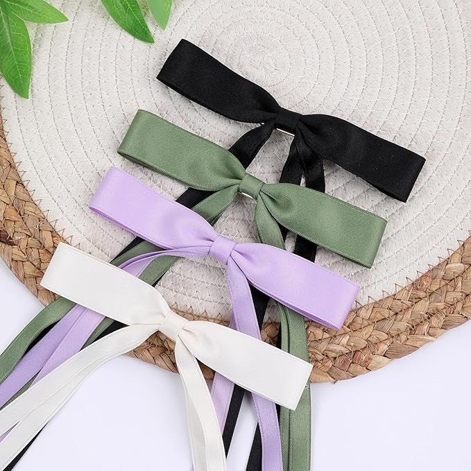 Hair Bows Clips Coquette Ribbon Bowknot with Long Tail Princess Hair Bows French Barrettes Hair Accessories for Women Girls 16PCS (Cream, Green, Purple, Black)