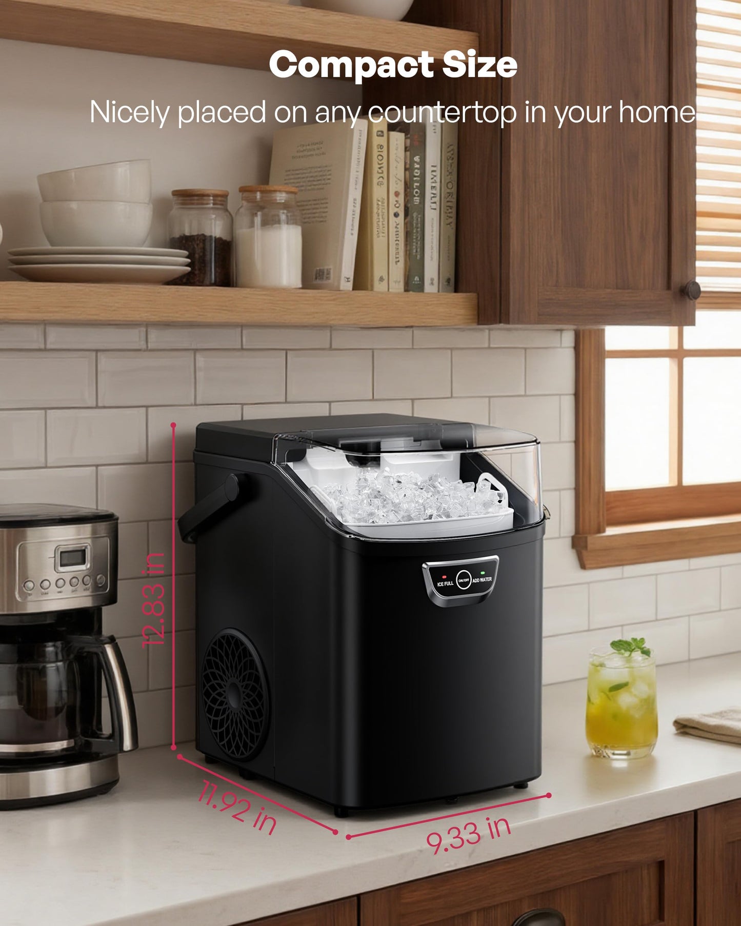 ICYGLEE Nugget Ice Maker Countertop with Handle, Ready in 4 Mins, Max 40lbs/24H, Chewable Ice, Self-Cleaning, Portable Sonic Ice Maker with Basket and Scoop, for Home/Party/RV/Camping (Black)