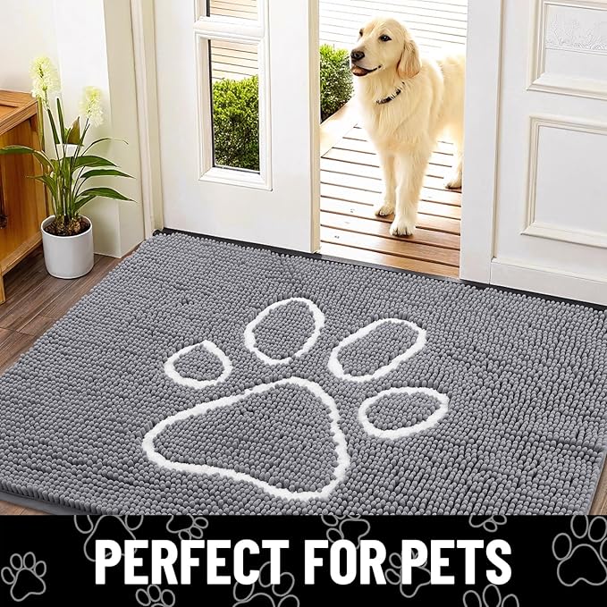 Smiry Dog Door Mat for Muddy Paws, Absorbent Dirt Trapper Non Slip Quick Dry Washable Chenille Mat for Mud Dogs, Entry Rug for Indoor and Outdoor (40x32 Inches, Grey and White)
