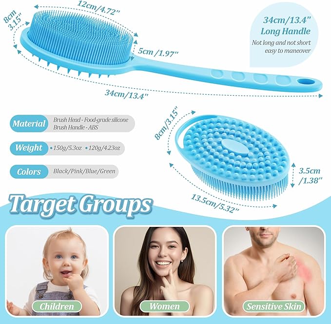 Silicone Back & Body Scrubber Set 2PCS, 13.4'' Gentle Exfoliating Back Scrubber with Dual-Side Head and Non-Slip Handle, Hygienic Silicone Loofah with Soft Bristles and Massage Dots(Blue-2PC)