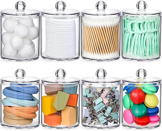 AOZITA 8 Pack Acrylic Qtip Holder Dispenser with Lids & Labels, Cotton Swab, Ball, Round Pads, Floss Picks Storage Canister - Clear Plastic Apothecary Jar for Bathroom Vanity Makeup Organizer