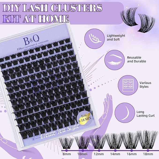 B&Q Wispy Lash Clusters Kit B06, DIY Lash Extension Kit 156PCS Eyelash Extension Kit, Soft Natural Lash Clusters 8-18MIX D Curl Lash cluster, Thin Black Band Cluster Eyelash Extensions (B06 Set)
