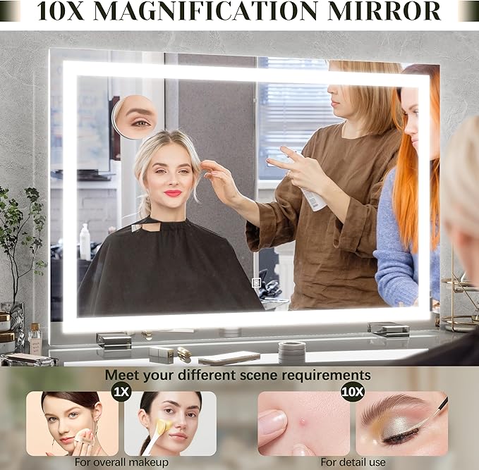 ROLOVE 32x 22 Inch Large Lighted Vanity Mirror with Dimmable 3 Modes, LED Makeup Mirror for Bathroom ＆ Dressing Room, Tabletop or Wall-Mounted, White