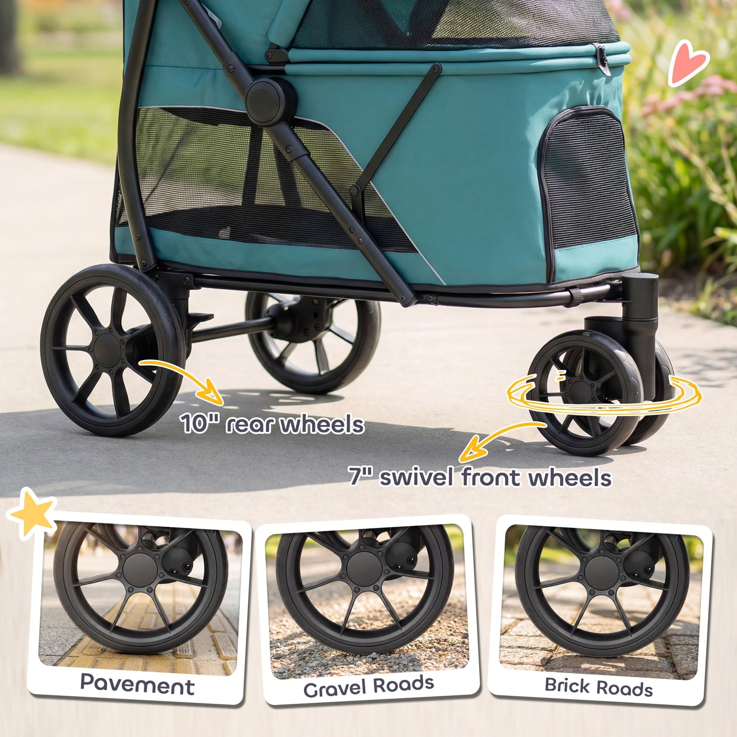 PawHut 3 Wheel Pet Stroller, Dog Stroller Dual Entry, Easy One-Click Quick Fold, All-Terrain Wagon Cart with Air Mesh, Washable Cushion, for Small and Medium Dogs and Cats Up to 44 lbs, Dark Green