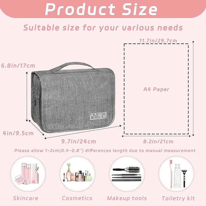 Toiletry Bag Travel Bag with Hanging Hook, Waterproof Shower Bathroom Hanging Toiletry Bag for Men Women,Small Multifunctional Makeup Cosmetic Bag,Portable Toiletries Bag Travel Organizer (Grey)