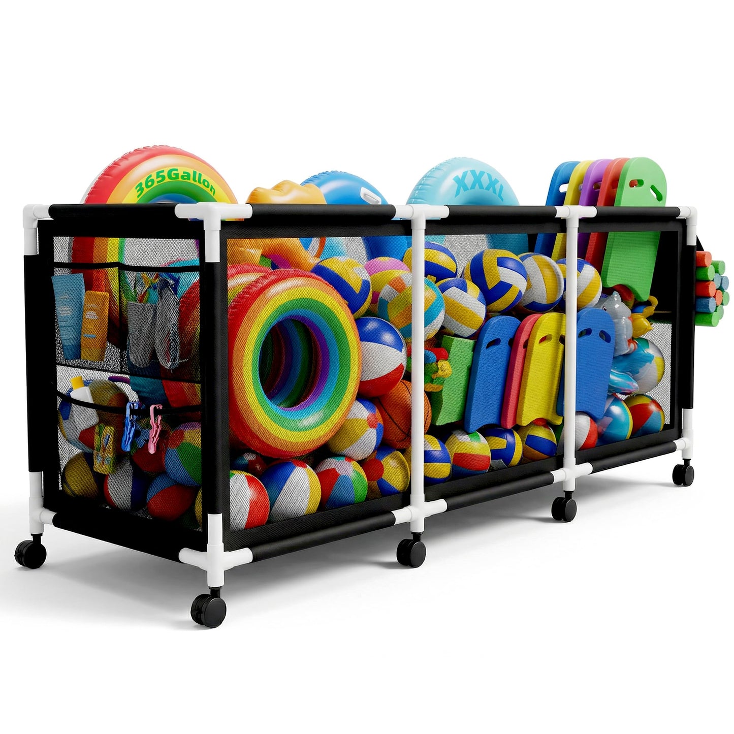 Jotesnew 365 Gallon 103" Pool Storage Bin XXXL Extra Large Swimming Pool Float Storage Bin, Pool Noodles Holder, Toys, Floats and Balls Mesh Rolling Storage Organizer Bin, 103" Lx32 Wx35 H (Black)