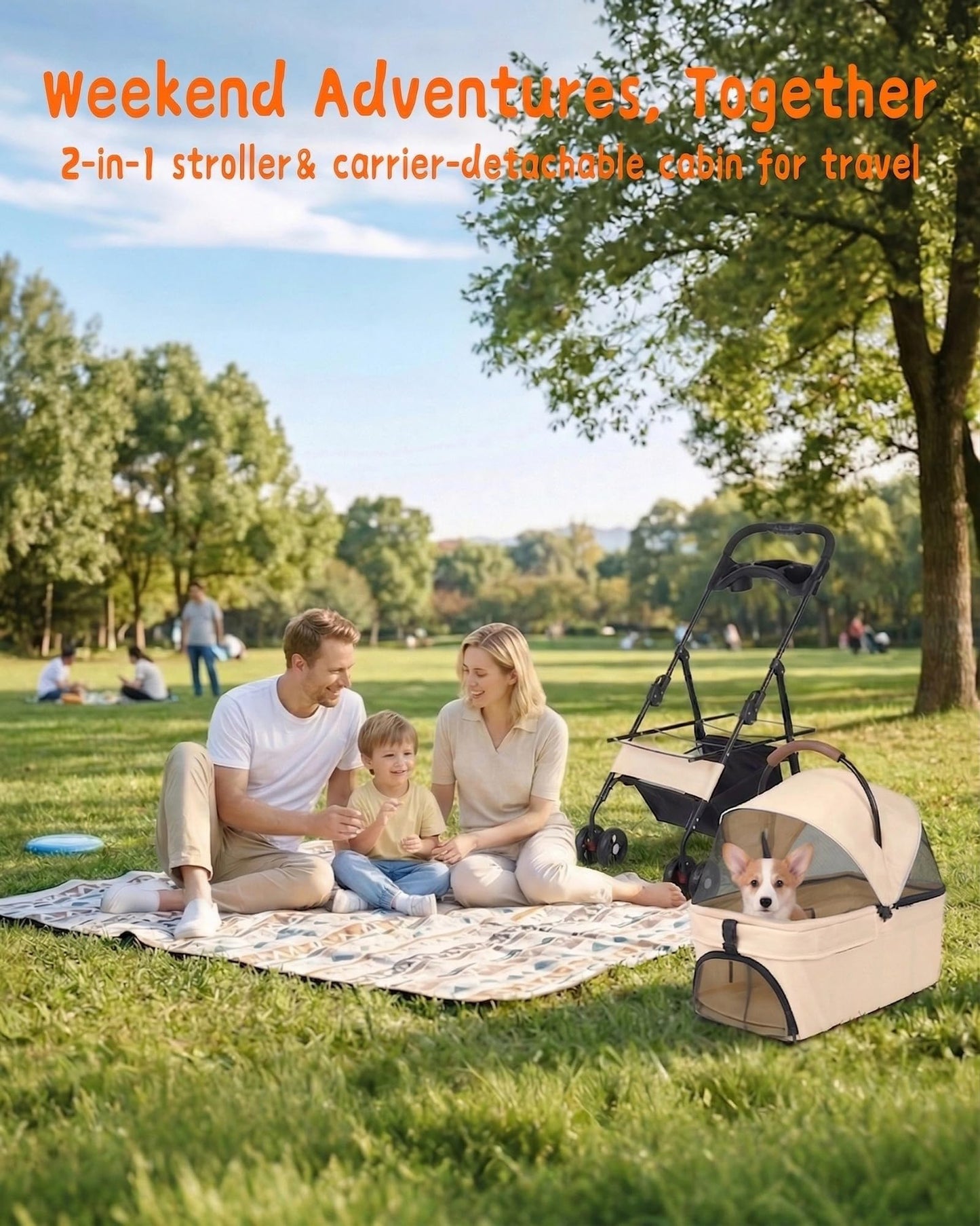 Pet Stroller with Removable Carrier, 35lbs Capacity - One-Click Foldable Dog Stroller, Cat Carrier & All-Terrain Wheels, Compact Travel Pet Stroller for Small to Medium Pets-Khaki