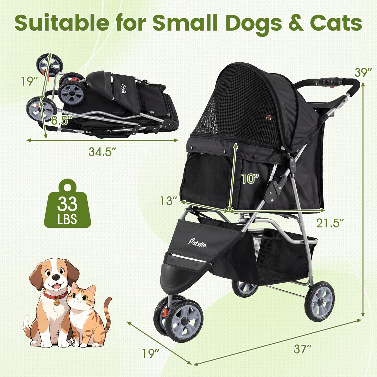 PETSITE 3-Wheel Pet Stroller, Foldable Dog Strollers for Small Dogs with Breathable Mesh, Waterproof Cover, All-Terrain Wheels, Cup Holder, and Storage Basket, Ideal for Dogs Cats up to 33 lbs (Black)